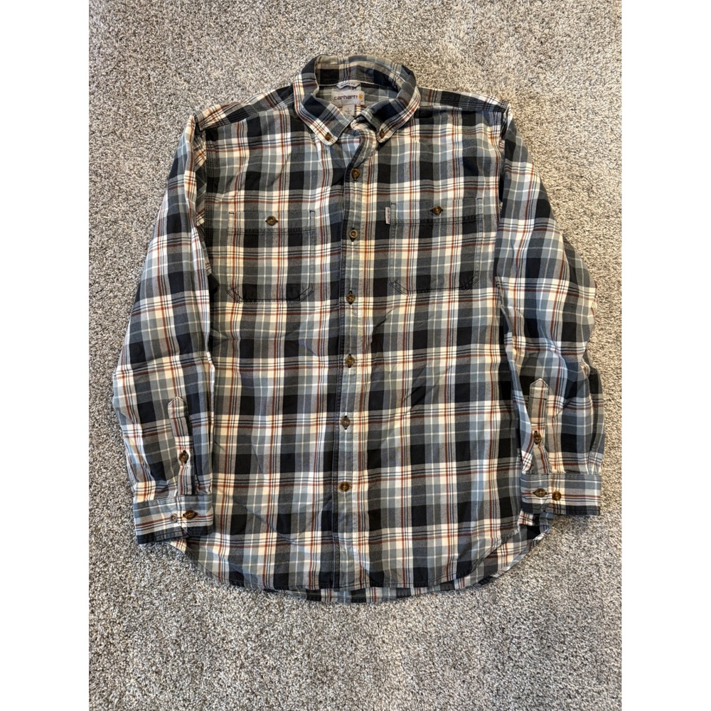 Carhartt Button Down Shirt Mens L Black Plaid 101747 437 Relaxed Fit Flannel
